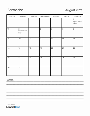 Current month calendar with Barbados holidays for August 2026
