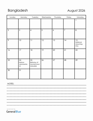 Current month calendar with Bangladesh holidays for August 2026