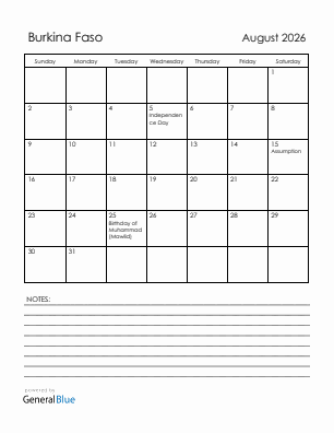 Current month calendar with Burkina Faso holidays for August 2026