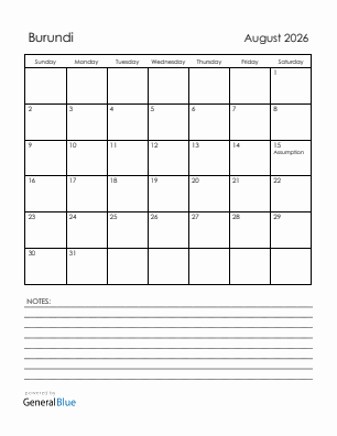 Current month calendar with Burundi holidays for August 2026