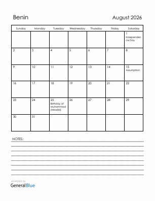 Current month calendar with Benin holidays for August 2026
