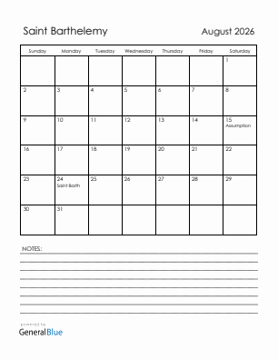 Current month calendar with Saint Barthelemy holidays for August 2026