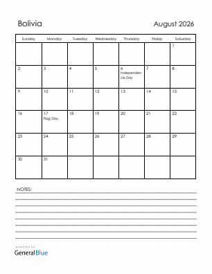 Current month calendar with Bolivia holidays for August 2026