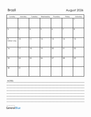 Current month calendar with Brazil holidays for August 2026