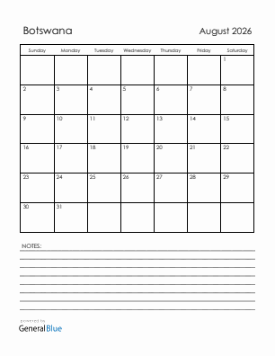 Current month calendar with Botswana holidays for August 2026
