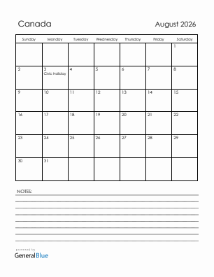 Current month calendar with Canada holidays for August 2026
