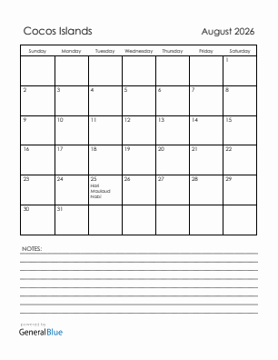 Current month calendar with Cocos Islands holidays for August 2026