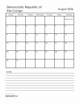 Current month calendar with Democratic Republic of the Congo holidays for August 2026