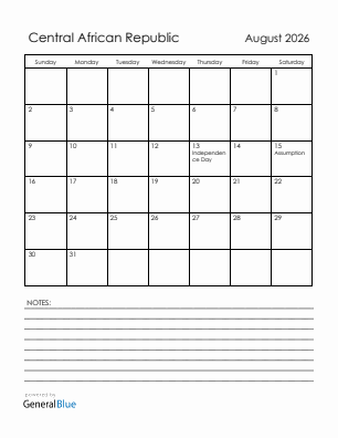 Current month calendar with Central African Republic holidays for August 2026