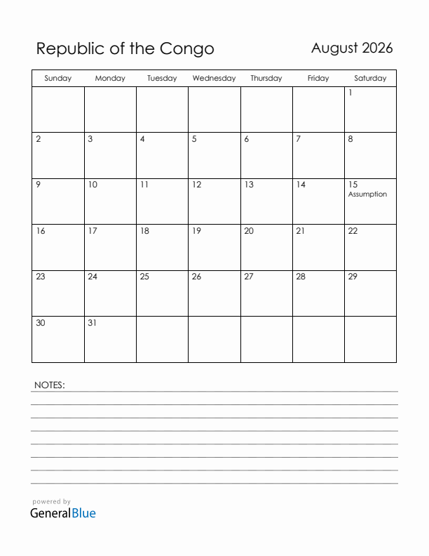 August 2026 Republic of the Congo Calendar with Holidays (Sunday Start)