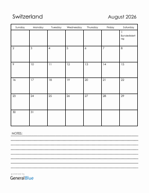 Current month calendar with Switzerland holidays for August 2026