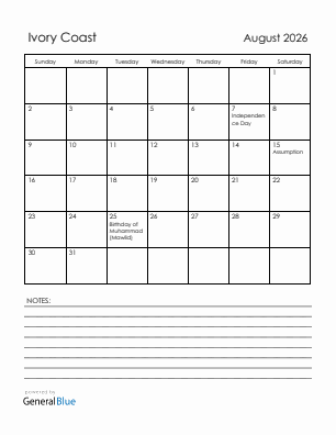 Current month calendar with Ivory Coast holidays for August 2026