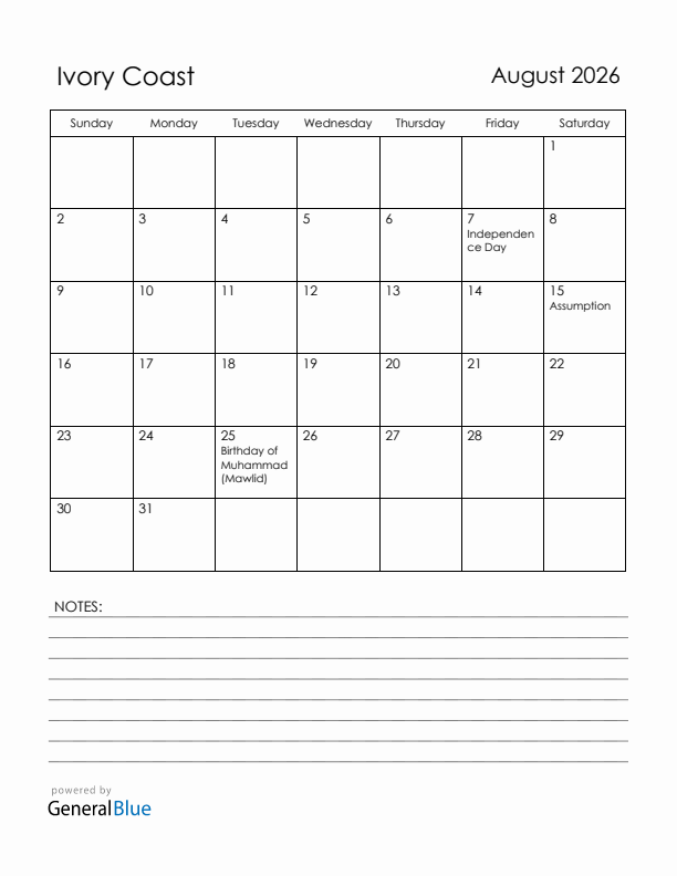 August 2026 Ivory Coast Calendar with Holidays (Sunday Start)