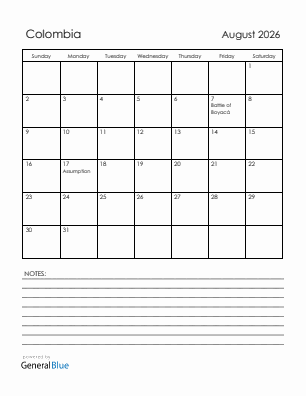 Current month calendar with Colombia holidays for August 2026