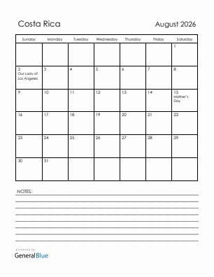 Current month calendar with Costa Rica holidays for August 2026