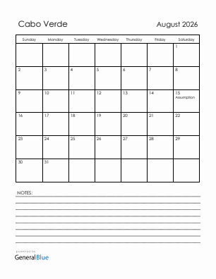 Current month calendar with Cabo Verde holidays for August 2026