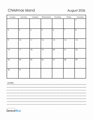 Current month calendar with Christmas Island holidays for August 2026