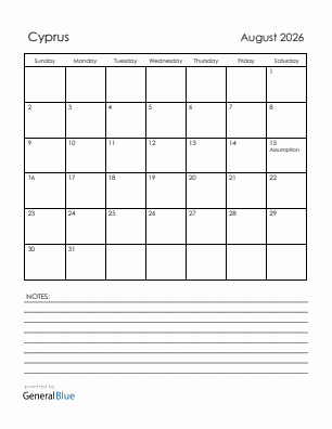 Current month calendar with Cyprus holidays for August 2026
