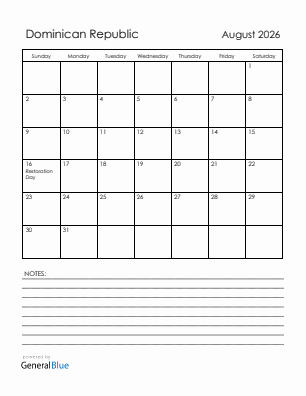 Current month calendar with Dominican Republic holidays for August 2026