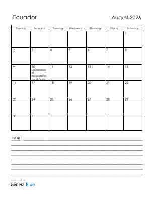 Current month calendar with Ecuador holidays for August 2026