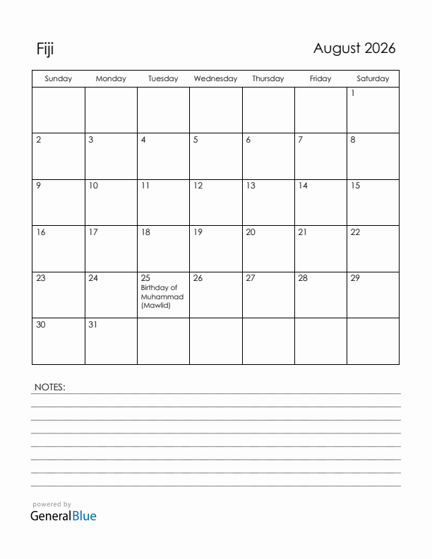August 2026 Fiji Calendar with Holidays (Sunday Start)