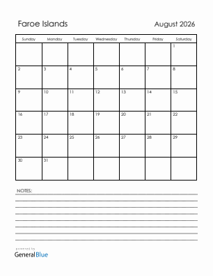 Current month calendar with Faroe Islands holidays for August 2026