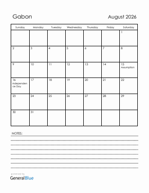 Current month calendar with Gabon holidays for August 2026