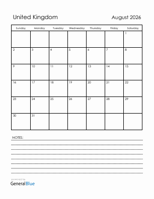 Current month calendar with United Kingdom holidays for August 2026