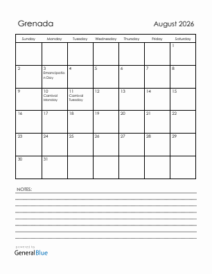 Current month calendar with Grenada holidays for August 2026