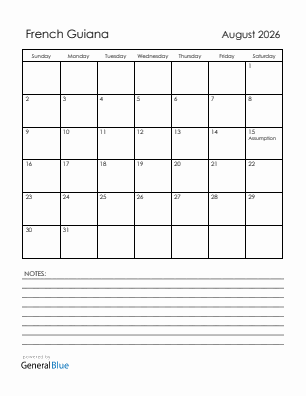 Current month calendar with French Guiana holidays for August 2026