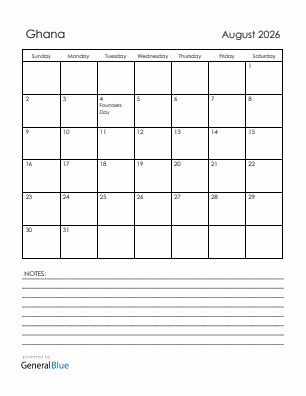 Current month calendar with Ghana holidays for August 2026