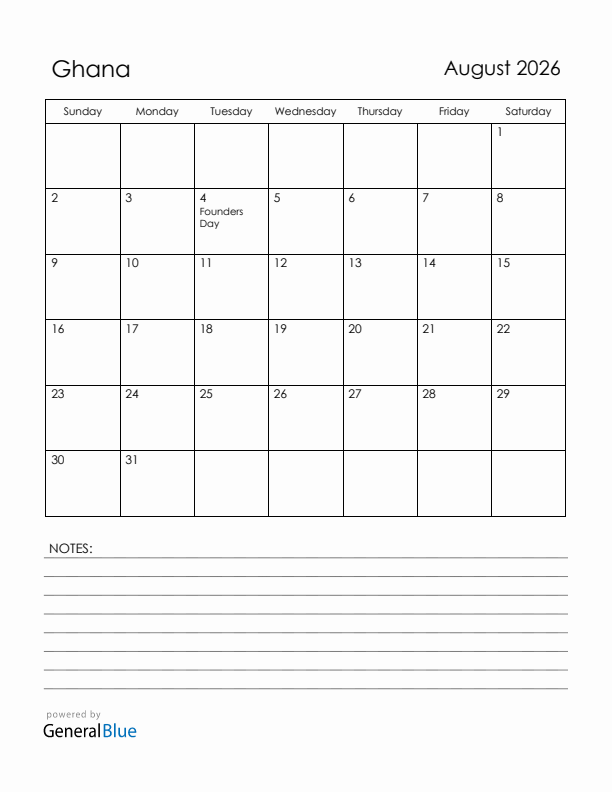 August 2026 Ghana Calendar with Holidays (Sunday Start)