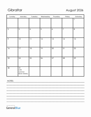 Current month calendar with Gibraltar holidays for August 2026