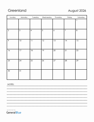 Current month calendar with Greenland holidays for August 2026