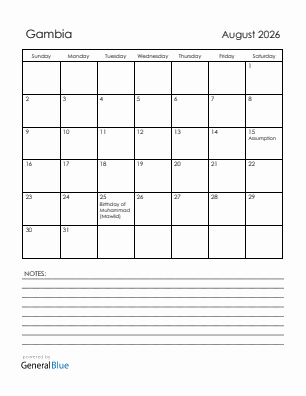 Current month calendar with Gambia holidays for August 2026