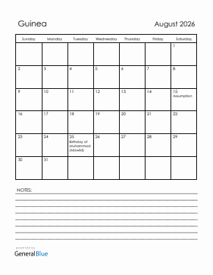 Current month calendar with Guinea holidays for August 2026