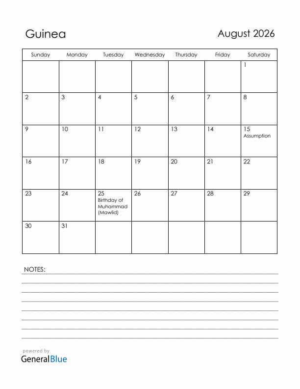 August 2026 Guinea Calendar with Holidays (Sunday Start)