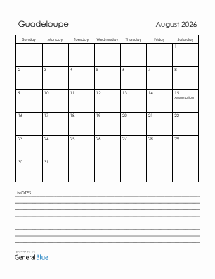 Current month calendar with Guadeloupe holidays for August 2026
