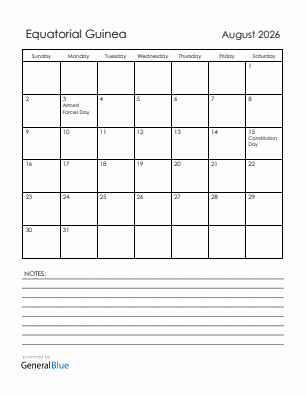 Current month calendar with Equatorial Guinea holidays for August 2026