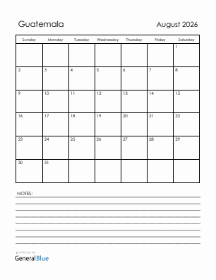 Current month calendar with Guatemala holidays for August 2026