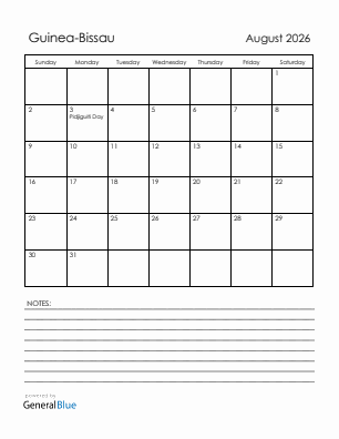 Current month calendar with Guinea-Bissau holidays for August 2026