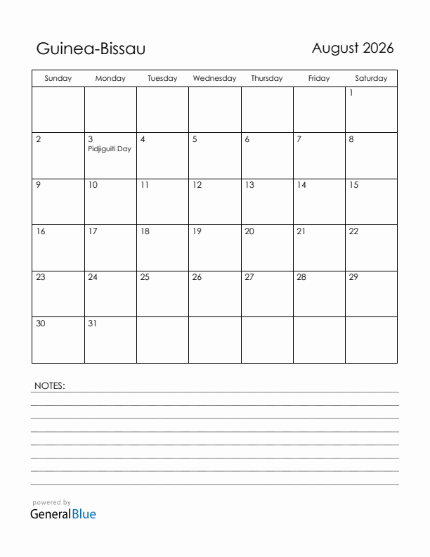 August 2026 Guinea-Bissau Calendar with Holidays (Sunday Start)