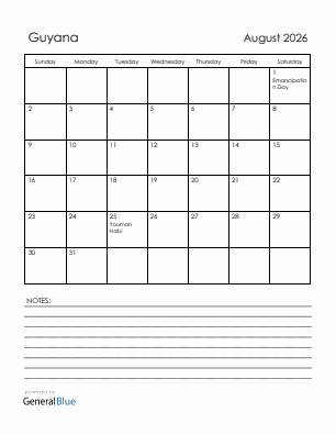 Current month calendar with Guyana holidays for August 2026