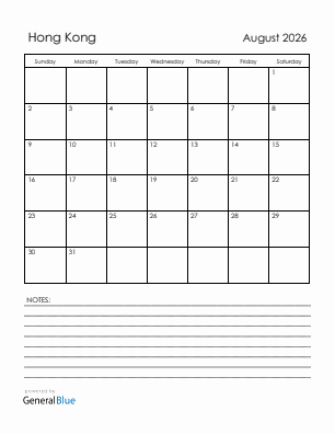 Current month calendar with Hong Kong holidays for August 2026