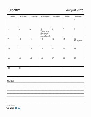 Current month calendar with Croatia holidays for August 2026