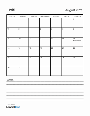 Current month calendar with Haiti holidays for August 2026
