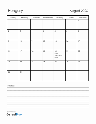 Current month calendar with Hungary holidays for August 2026