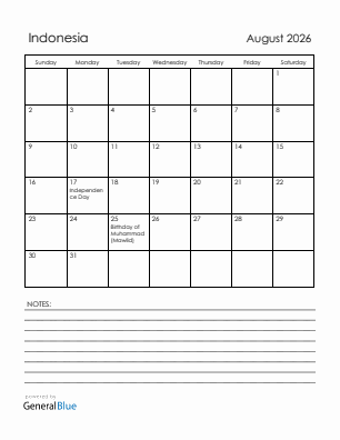Current month calendar with Indonesia holidays for August 2026