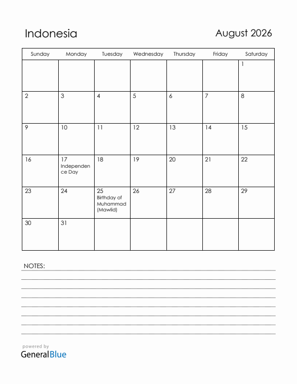 August 2026 Indonesia Calendar with Holidays (Sunday Start)