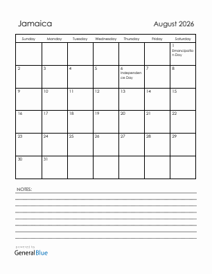 Current month calendar with Jamaica holidays for August 2026